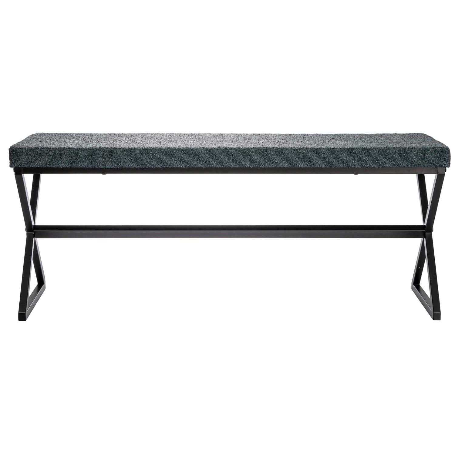 Household Essentials Harper Metal Bench with Boucle Upholstered Cushion, Blue-Grey and Black