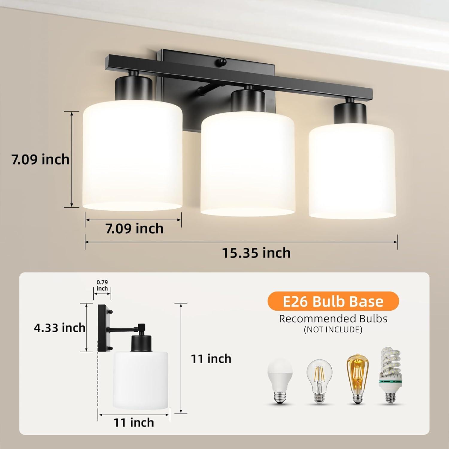 Black Modern 3-Light Bathroom Vanity Fixture with Milky White Glass Shades