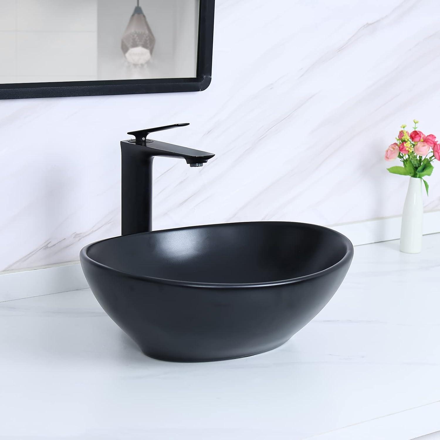 Matte Black Oval Ceramic Vessel Sink with Pop-Up Drain