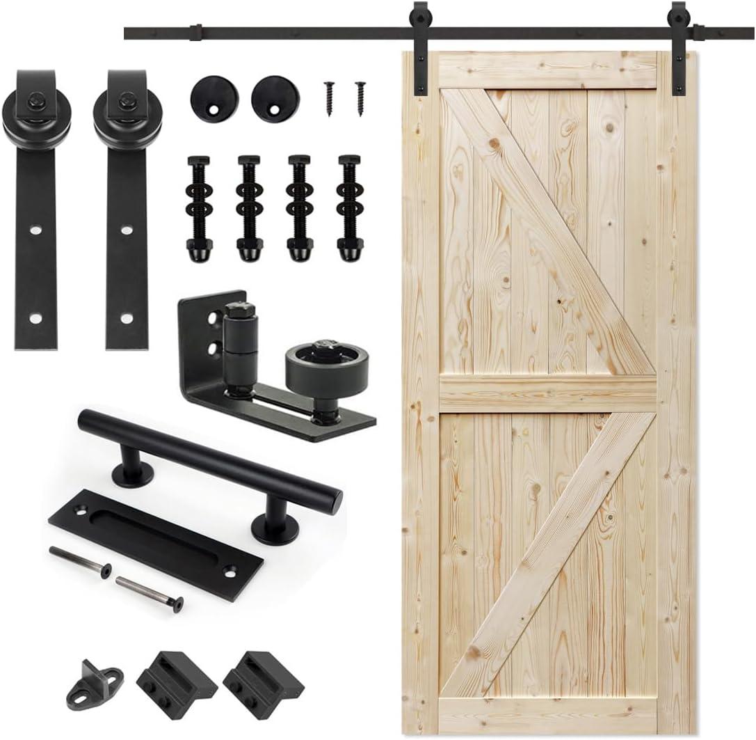 S&Z TOPHAND Paneled Wood Unfinished Barn Door with Installation Hardware Kit