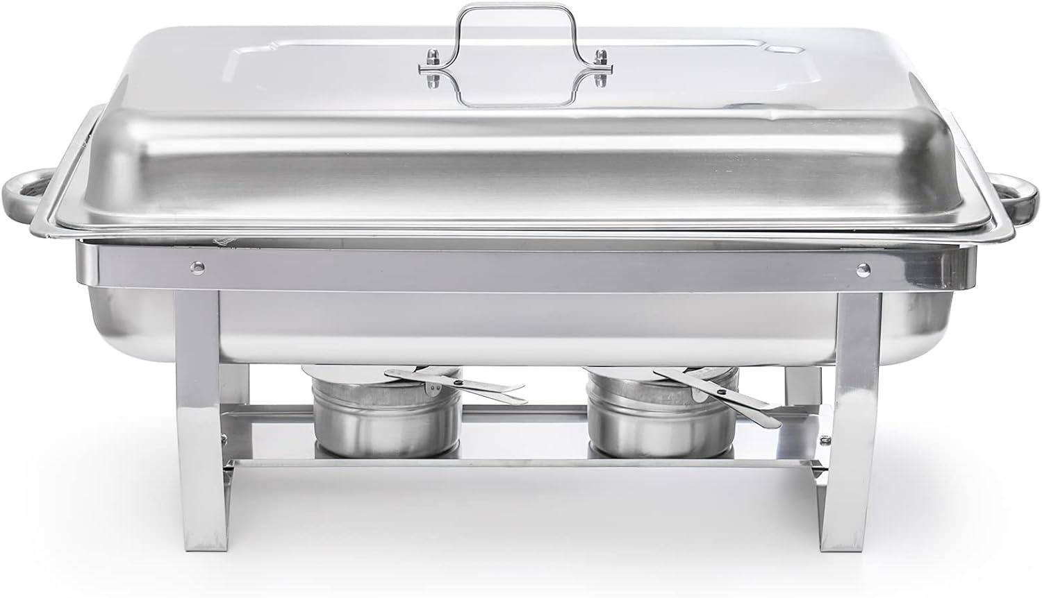 Fasmov Chafing Dish Buffet Set, 8 Quart Stainless Steel Catering Serve Chafer, Restaurant Food Warmer, Rectangular Buffet Stove with 2 Half Size Food Pans and Folding Frame