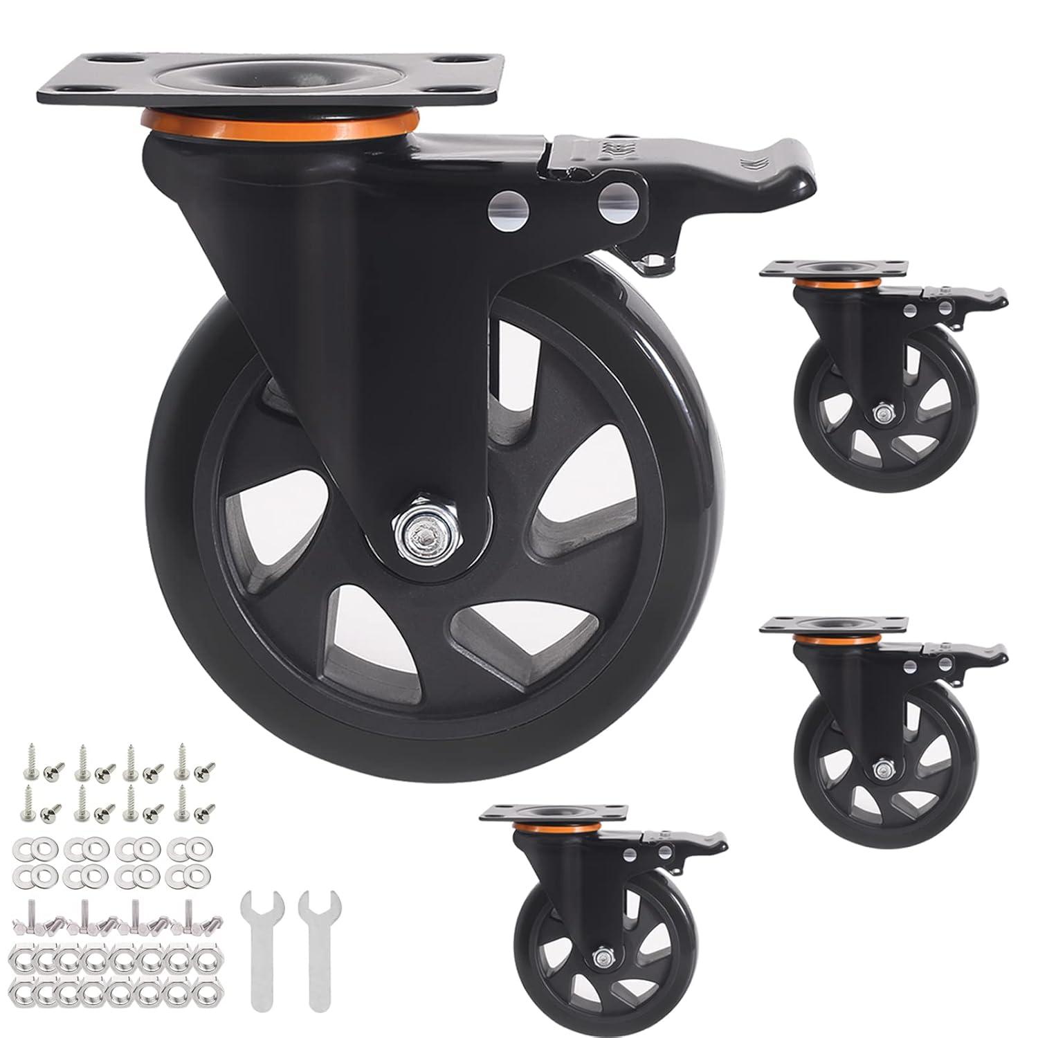 5 Inch Caster Wheels 2400Lbs, Castors Set of 4, Heavy Duty Casters with Brake, Safety Dual Locking Industrial Casters, No Noise Wheels with Polyurethane Foam (Two Hardware Kits Included)