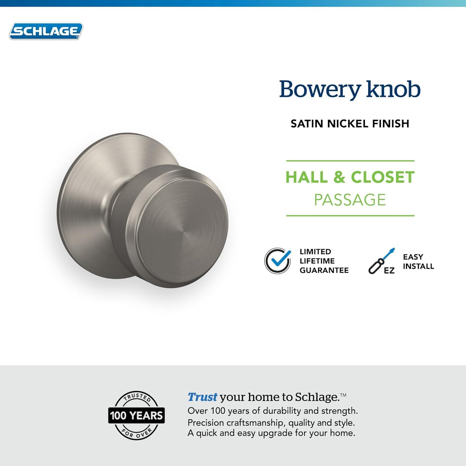 Schlage F10 BWE 619 Bowery Door Knob, Hall & Closet Passage Lock, Satin Nickel