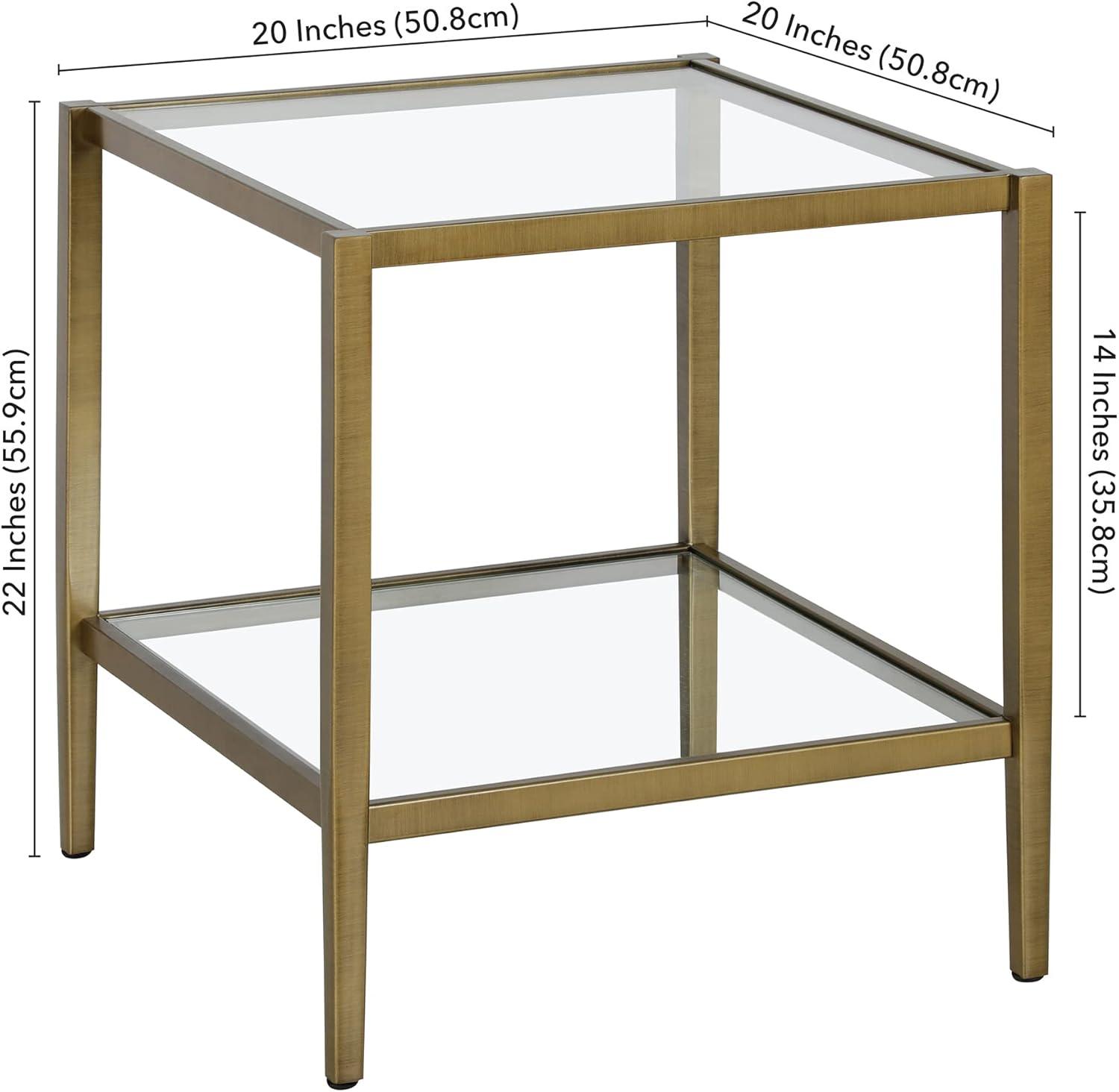 Evelyn&Zoe Hera 20" Wide Square Side Table with Glass Shelf, Antique Brass