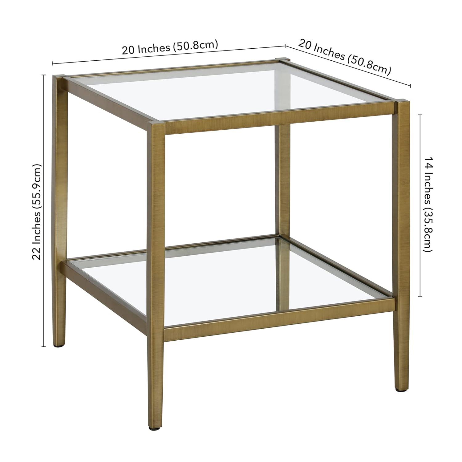 Evelyn&Zoe Hera 20" Wide Square Side Table with Glass Shelf, Antique Brass