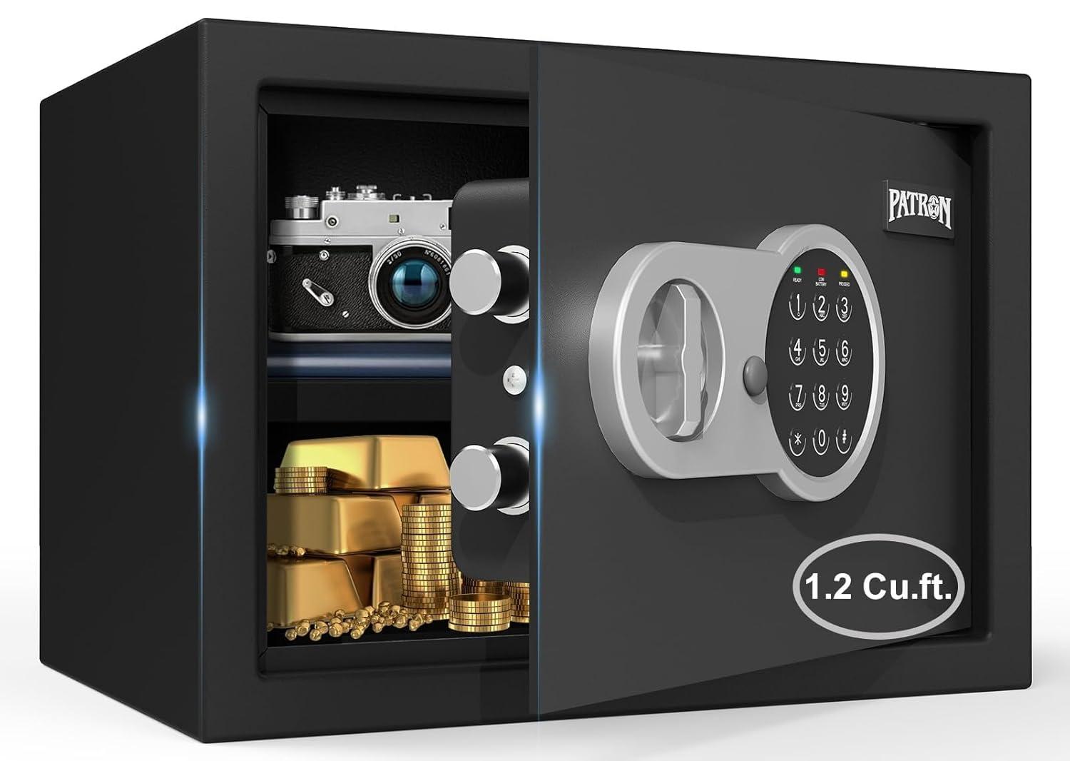 [ 1.2 Cu.ft. ]PATRON Safe Box with Key,Digital Security Home Safe,Cabinet Safes for Money Cash Documents,Wall Safes with Electronic Keypad,Removable Shelf for Office Hotel House Business,1.2 Cu.ft.