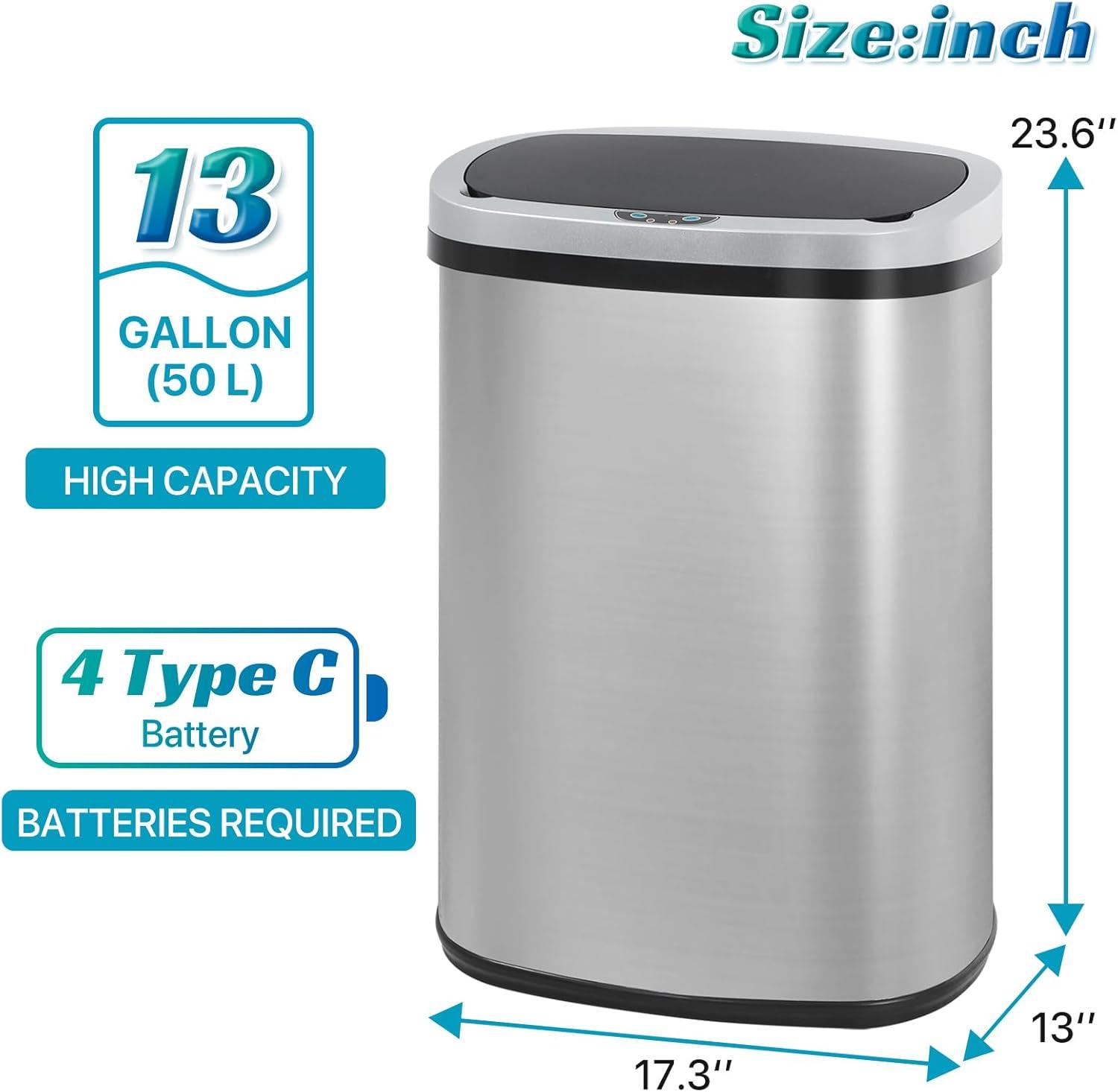 Stainless Steel 13 Gallon Motion Sensor Kitchen Trash Can