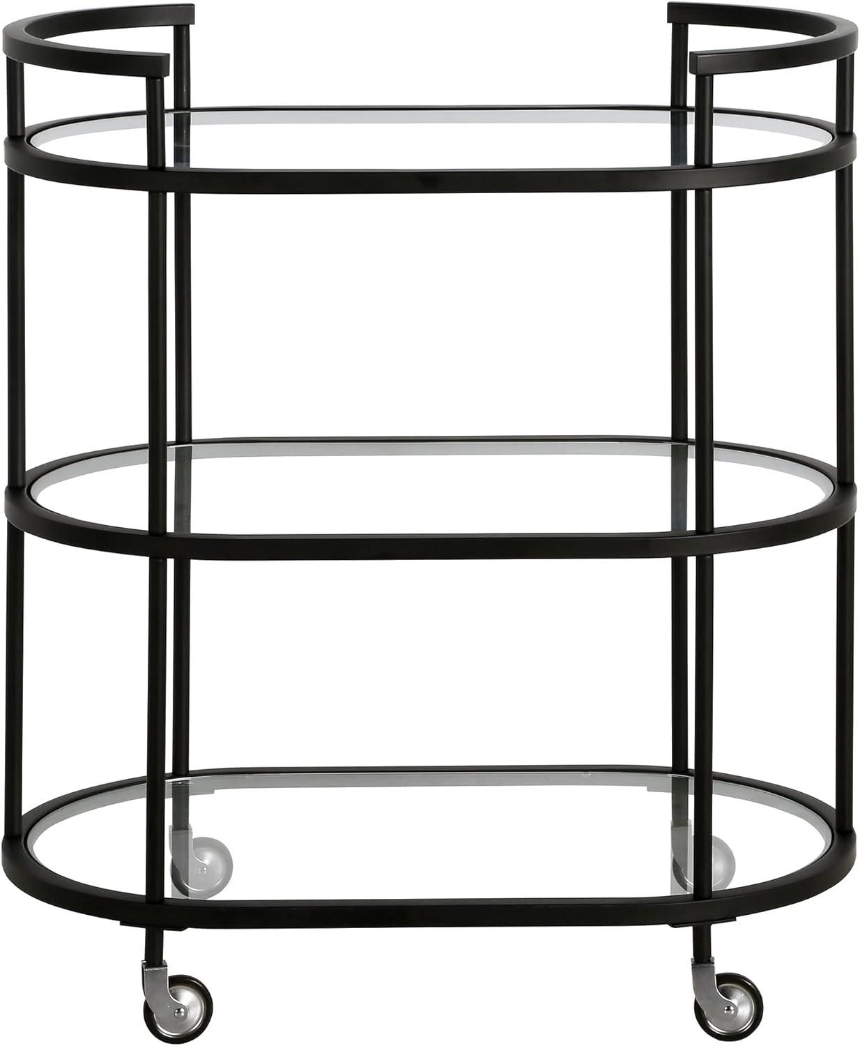 Modern Blackened Bronze 30" Wide Round Bar Cart with Tempered Glass Shelves