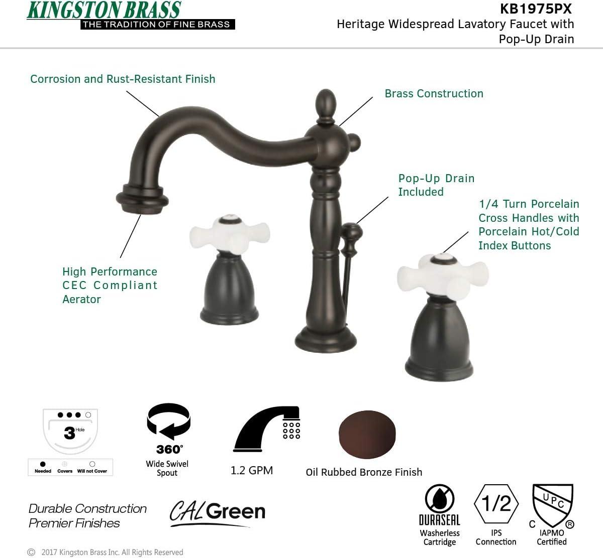 Kingston Brass KB1975PX Kingston Brass Heritage Two-Handle 3-Hole Deck Mount Widespread Bathroom Faucet with Pop-Up Drain