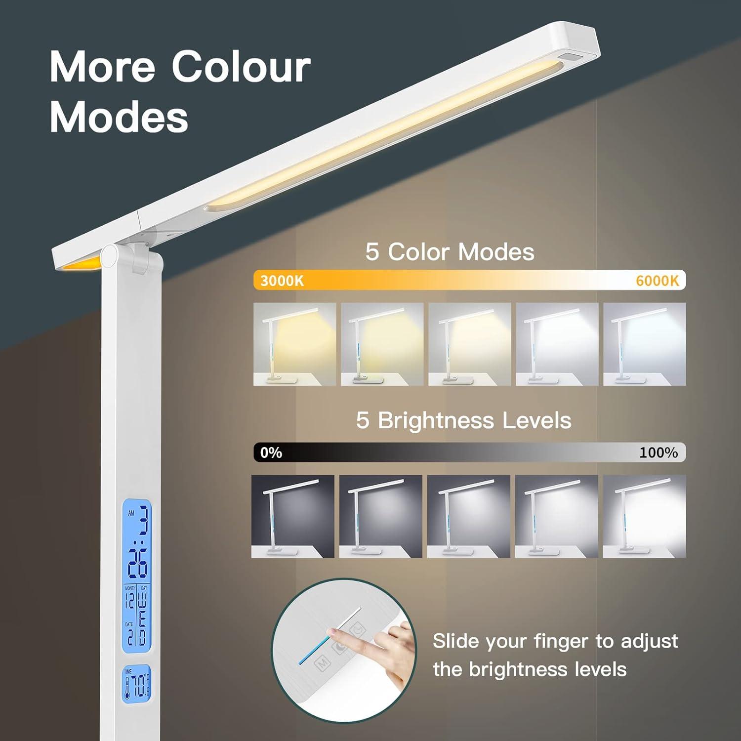 White Adjustable LED Desk Lamp with Wireless Charger and Clock