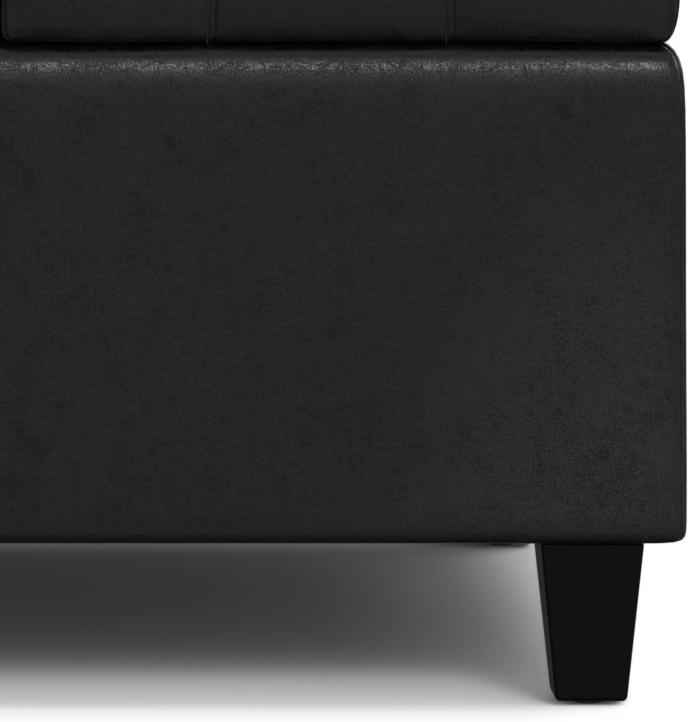 Simpli Home Harrison 30 inch Wide Transitional Square Small Coffee Table Storage Ottoman in Distressed Black Vegan Faux Leather