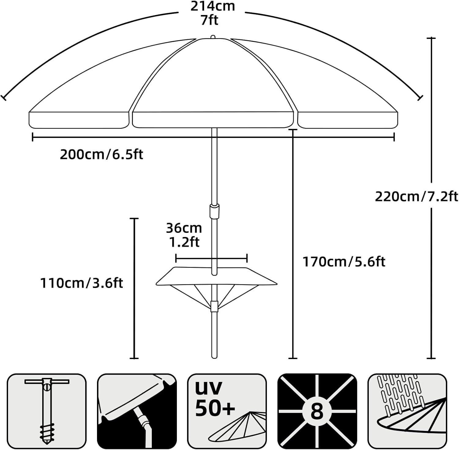 Blue 7ft Round Beach Umbrella with Aluminum Pole and Built-in Table