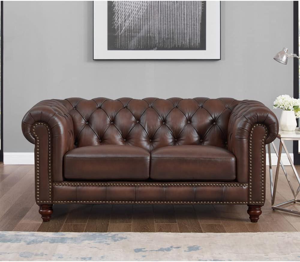 Caramel Brown Tufted Leather Chesterfield Loveseat with Nailhead Trim