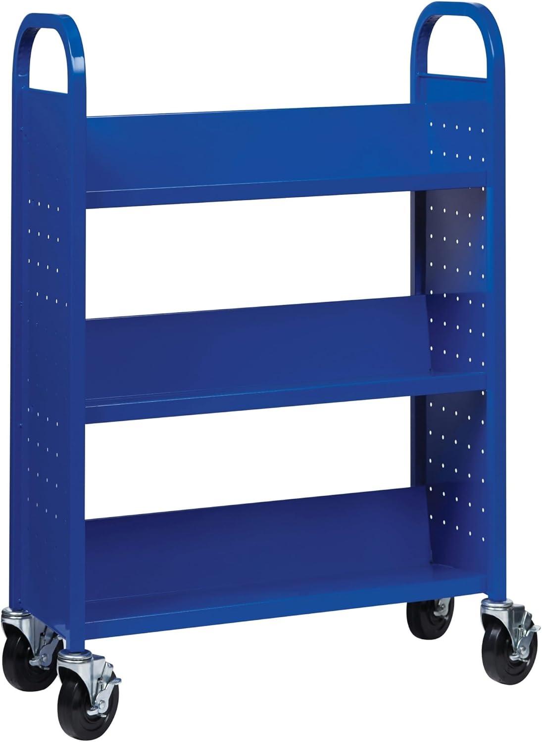 Blue Single-Sided Steel Book Cart with Three Shelves