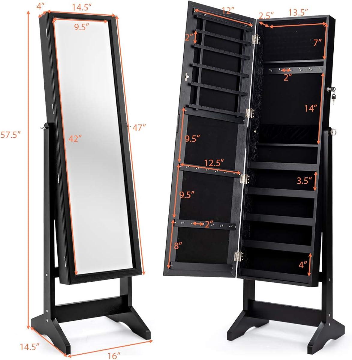 Costway Jewelry Cabinet Stand Mirror Armoire Lockable Organizer Large Storage Box Black