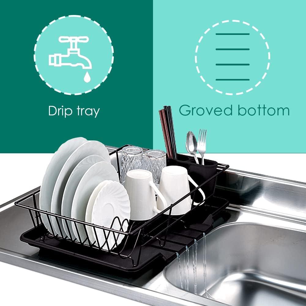 Home Basics Dish Drying Rack (Black) Dish Drainers for Kitchen Counter | with Sloping Tray and Utensil Holder | Big Dish Drying Rack