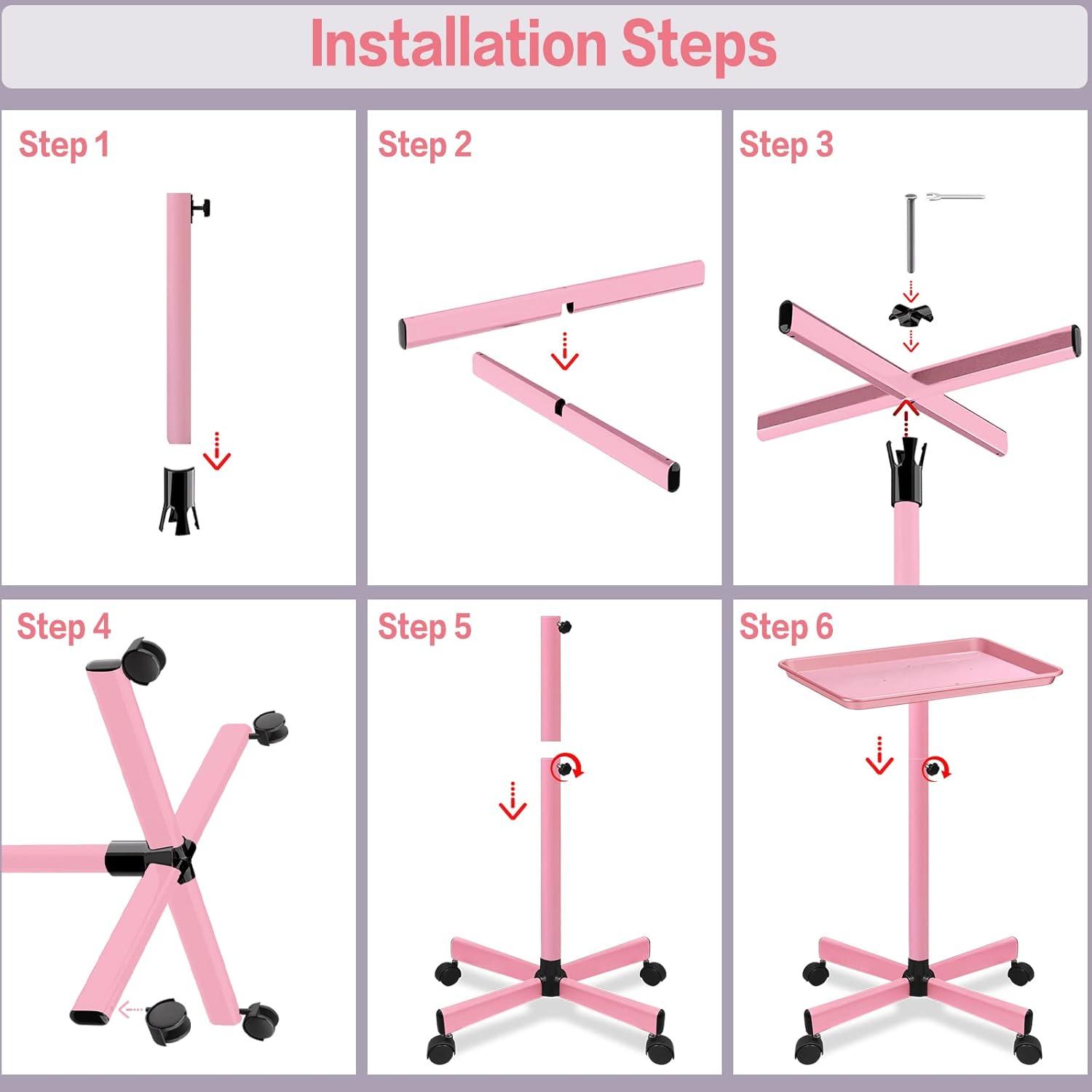 Salon Tray,Height Adjustable Salon Service Rolling Cart,Hair Color Tray with Wheels,Pink