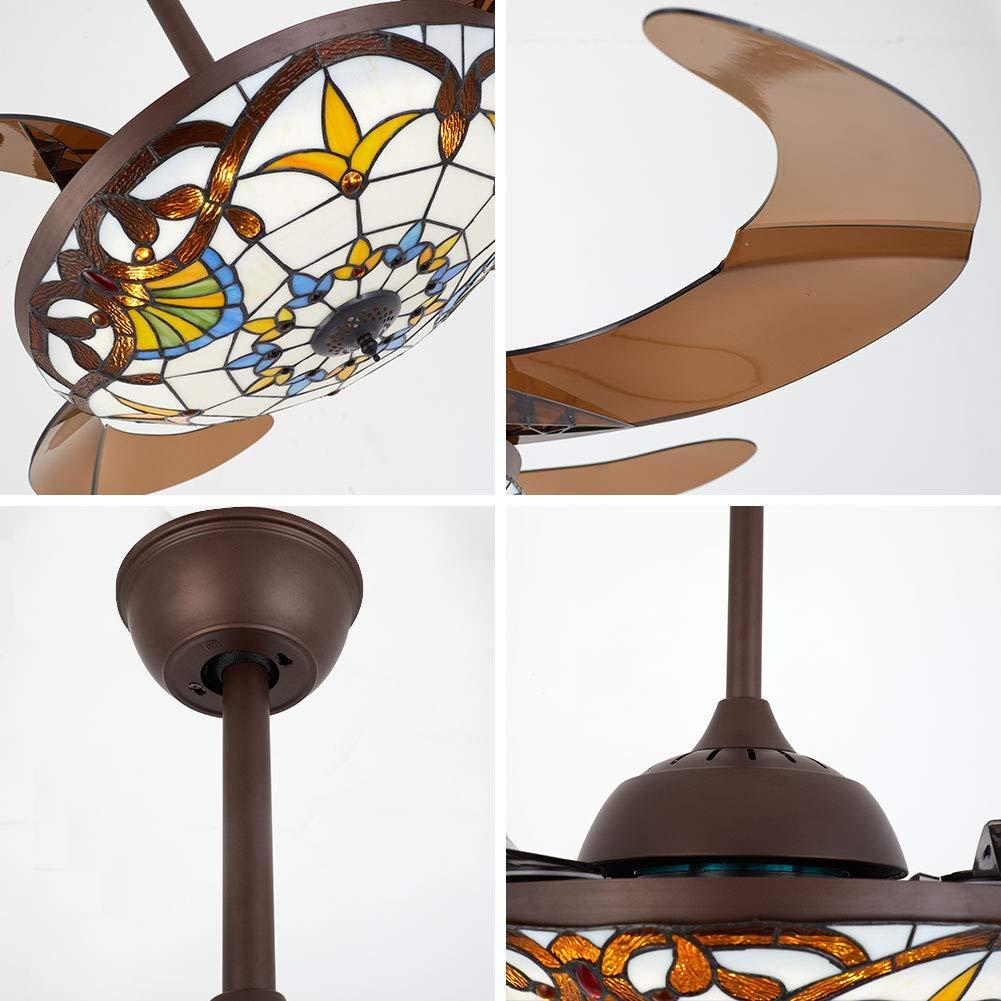 FETCOI 42"Tiffany Style Invisible Ceiling Fan with Lights and Remote Control Retractable Reverse Blades