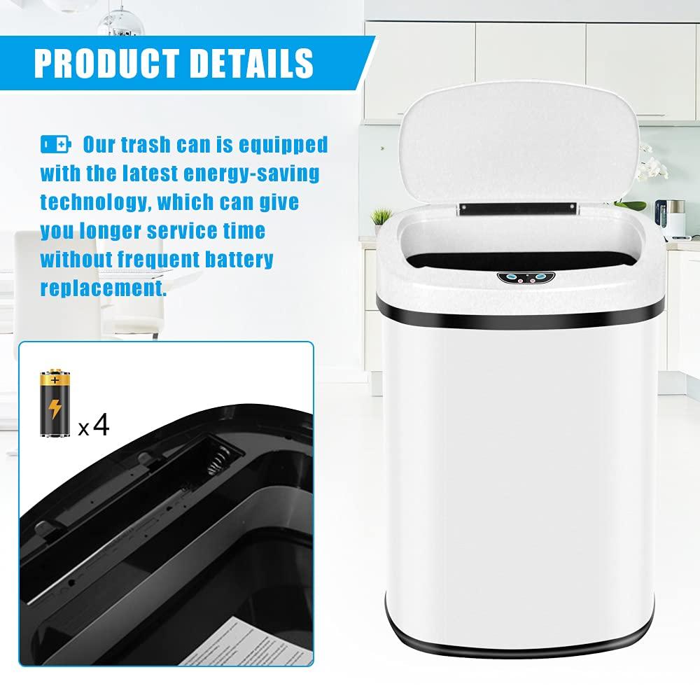 13 Gallon Trash Can Automatic Kitchen Garbage Can with Lid Touchless Sensor Waste Bin Slim No Touch Stainless Steel Trash Can for Home, Living Room, Bedroom, Office （White）