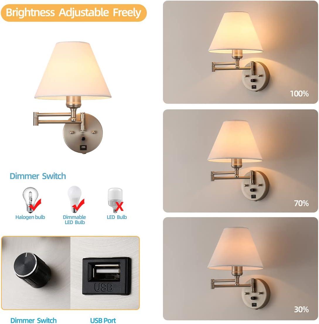 Swing Arm Wall Sconces, Plug-in Wall lamp,Bedroom Wall lamp ， White Fabric Shade，，with dimmable Switch and USB Charging Port, Suitable for Bedside, Living Room, Reading (Nickel)