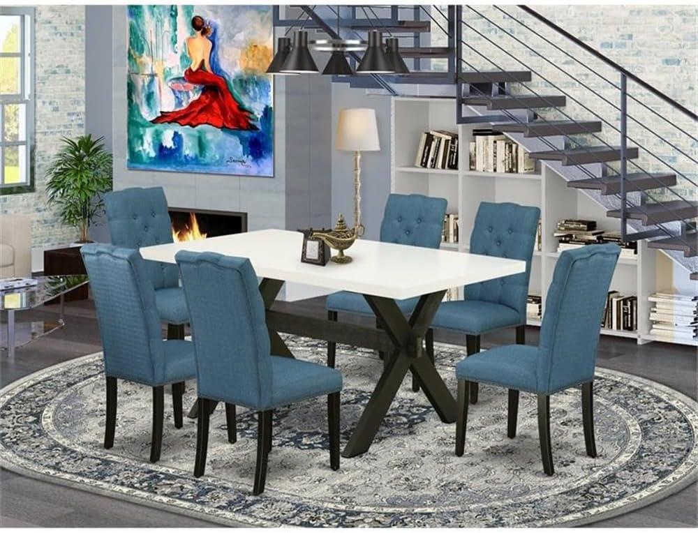 Linen White and Mineral Blue 7-Piece Dining Set with X-Legs