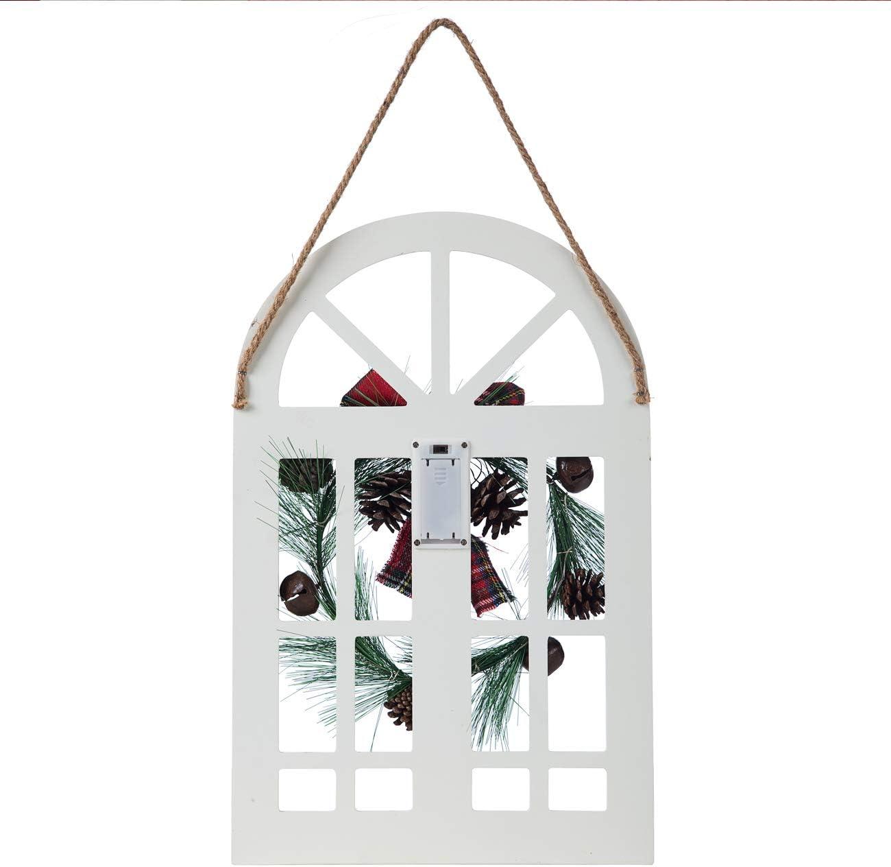 FUNING Indoor and Outdoor Wood Christmas Holiday Wall Hanging Door Decorations Wood Plaqu Signs Christmas Ornament, for Home, School, Office Including Wreath, Wooden Arch and Led Lights