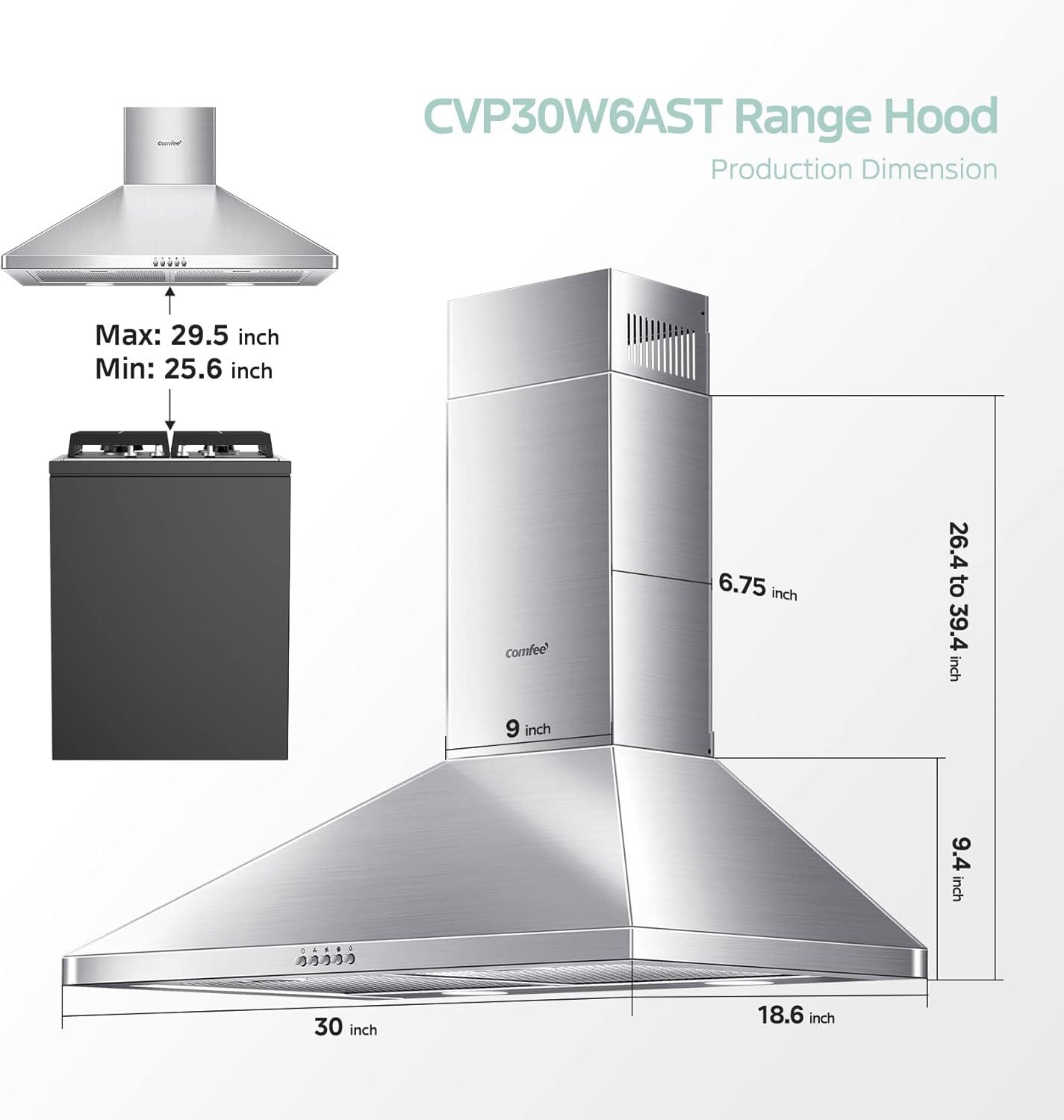 Comfee 30 Inch Ducted Pyramid Range 450 CFM Stainless Steel Wall Mount Vent Hood with 3 Speed Exhaust Fan, 5-Layer Aluminum Permanent Filters, Two LED Lights, Convertible to Ductless