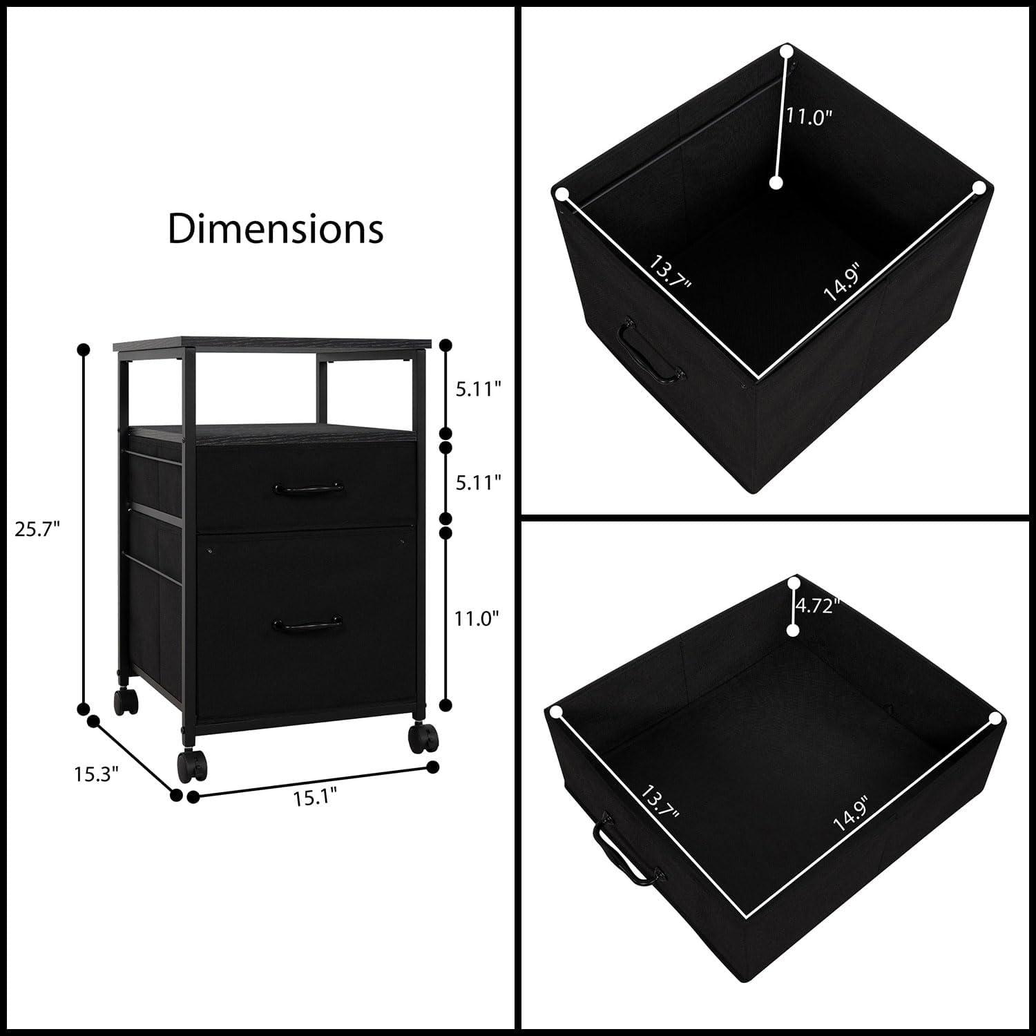 Black Fabric and Steel Mobile File Cabinet with Charging Station