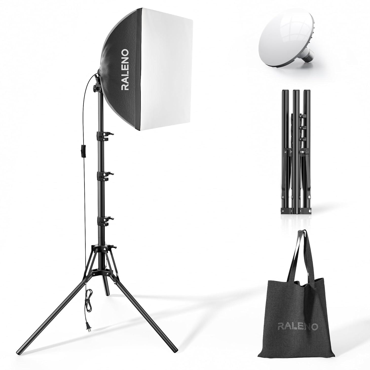 RALENO Softbox Photography Lighting Kit, 16'' x 16'' Softbox Lighting for TikTok with LED Bulb (50W | 5500K | 97 CRI | TLCI≥97), Continuous Lighting for Video Recording & Photography Shooting