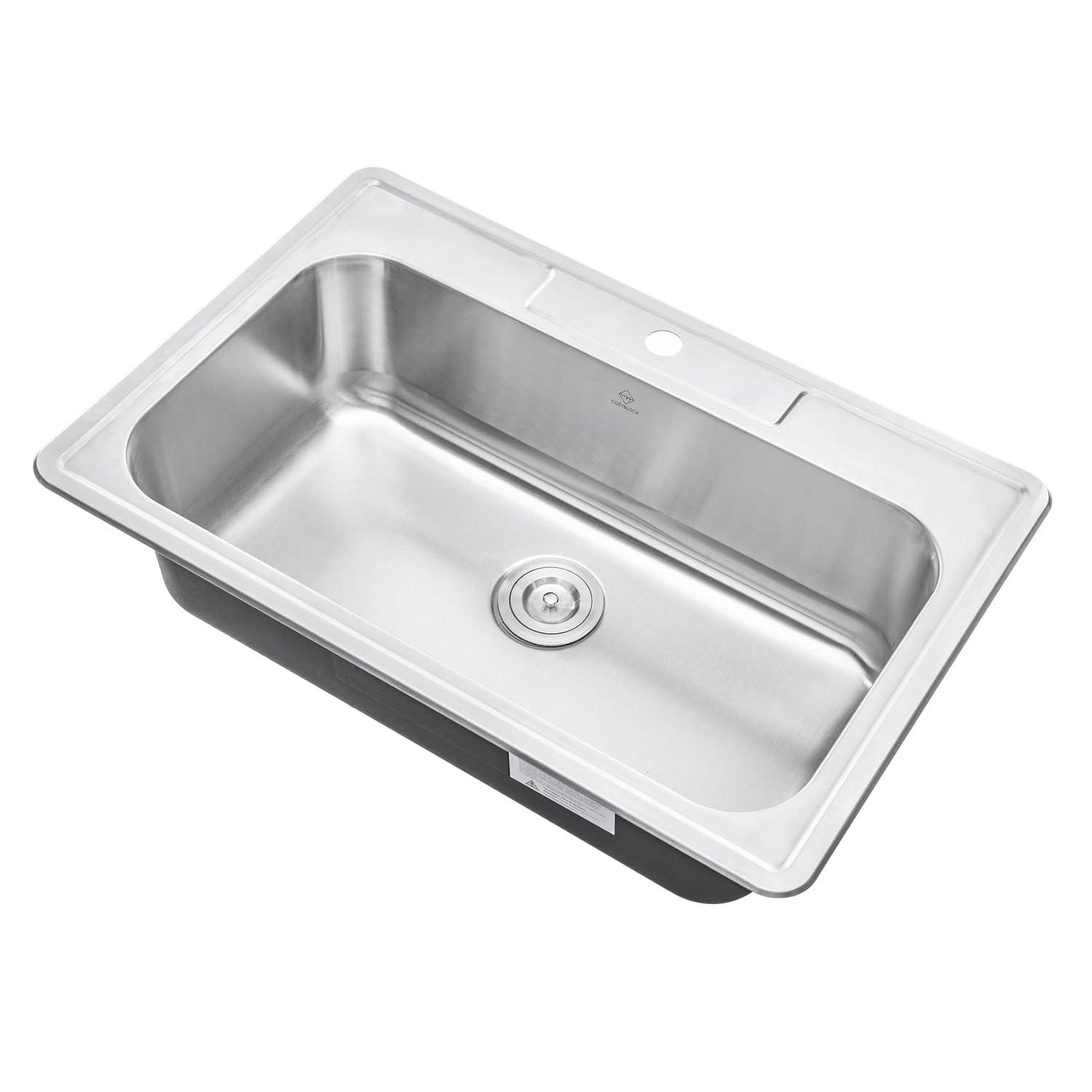 CozyBlock 33 Inch Single Bowl Topmount Drop-In 18-Gauge Stainless Steel Kitchen Sink w/ 1 Faucet Hole (Sink Only)