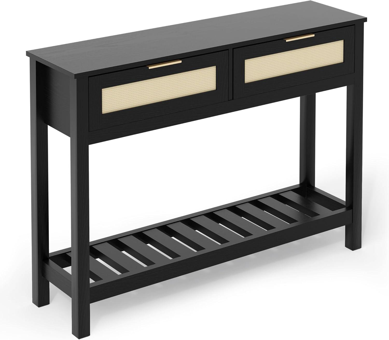 Console Tables with 2 Drawers,Rattan Entryway Table with Storage Shelf,Wood Boho Foyer Tables for Entryway,Farmhouse Console Tables for Living Room,Hallway, Sofa Table,Study Or TV Wall