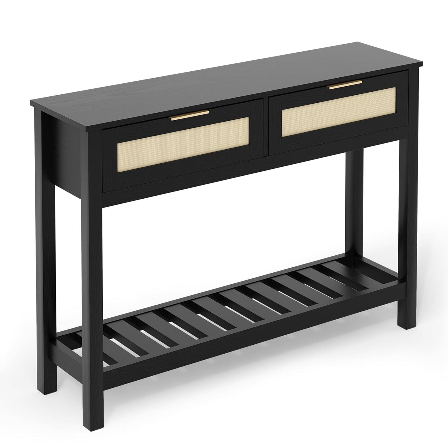 Console Tables with 2 Drawers,Rattan Entryway Table with Storage Shelf,Wood Boho Foyer Tables for Entryway,Farmhouse Console Tables for Living Room,Hallway, Sofa Table,Study Or TV Wall