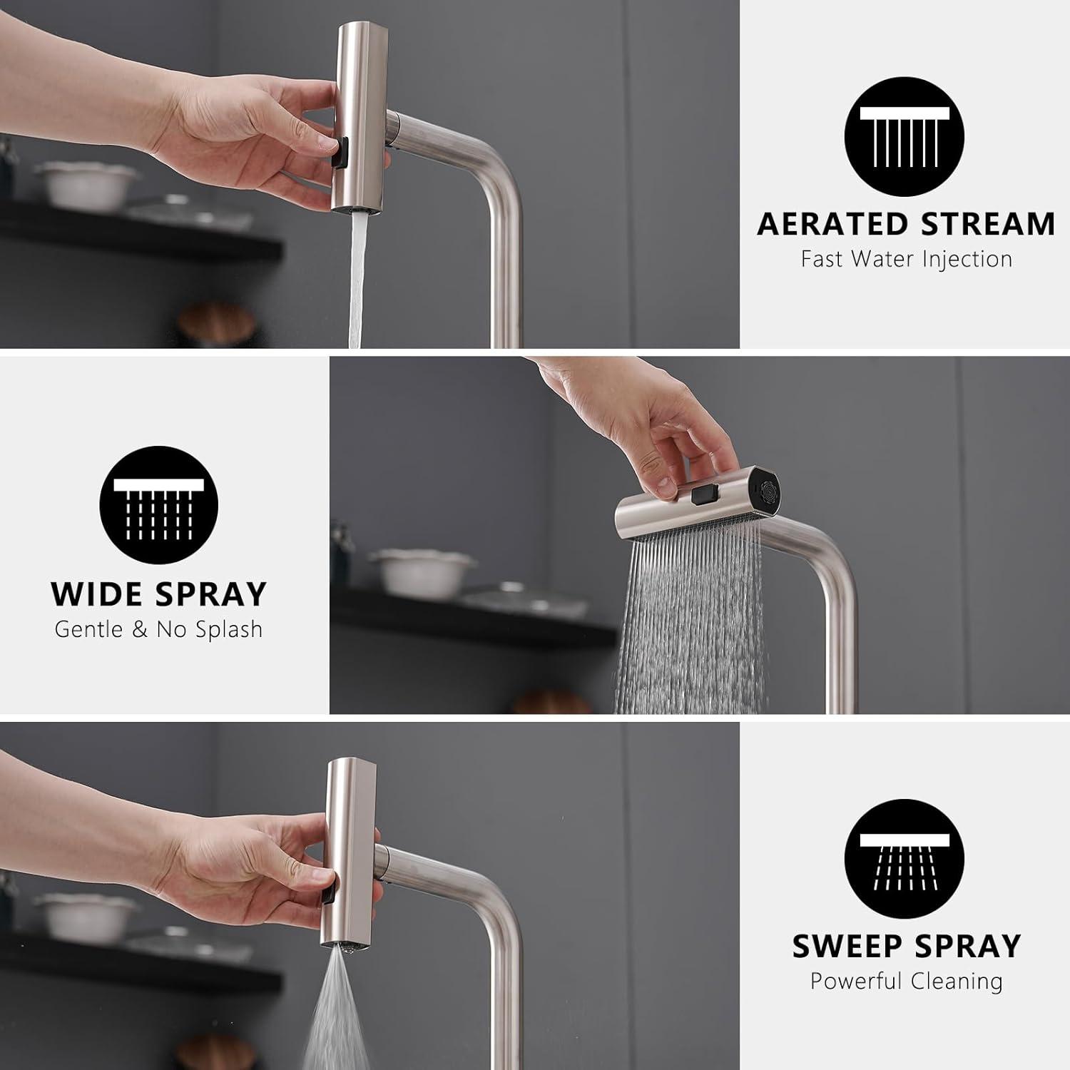 Waterfall Kitchen Faucet With Pull Down Sprayer, Modern Single Handle Single Hole Stainless Steel Kitchen Sink Faucets 3 Modes(Sweep/Stream/Waterfall),Brushed Nickel