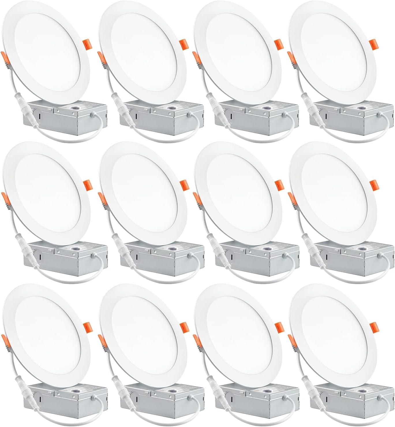 (12 Pack) 6 Inch Ultra-Thin LED Recessed Ceiling Light with Junction Box, 12W, Dimmable Canless Wafer Slim Panel Downlight, IC Rated, ETL-Listed - 4000K