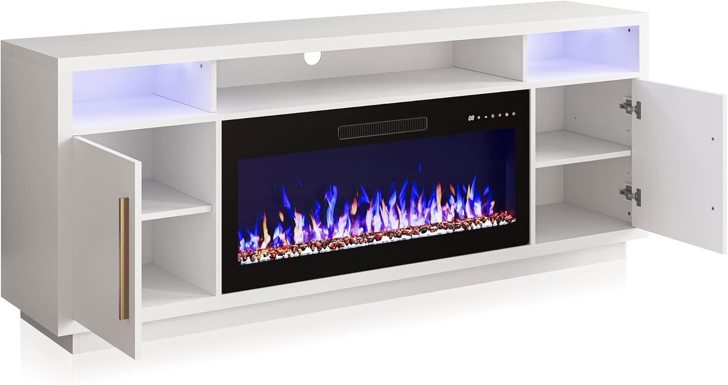 BELLEZE Fireplace TV Stand for TVs Up To 75", Entertainment Center with 36" Electric Fireplace, LED Ambient Lighting, and Storage, Media Console Table 69 Inch - Avenue (White)