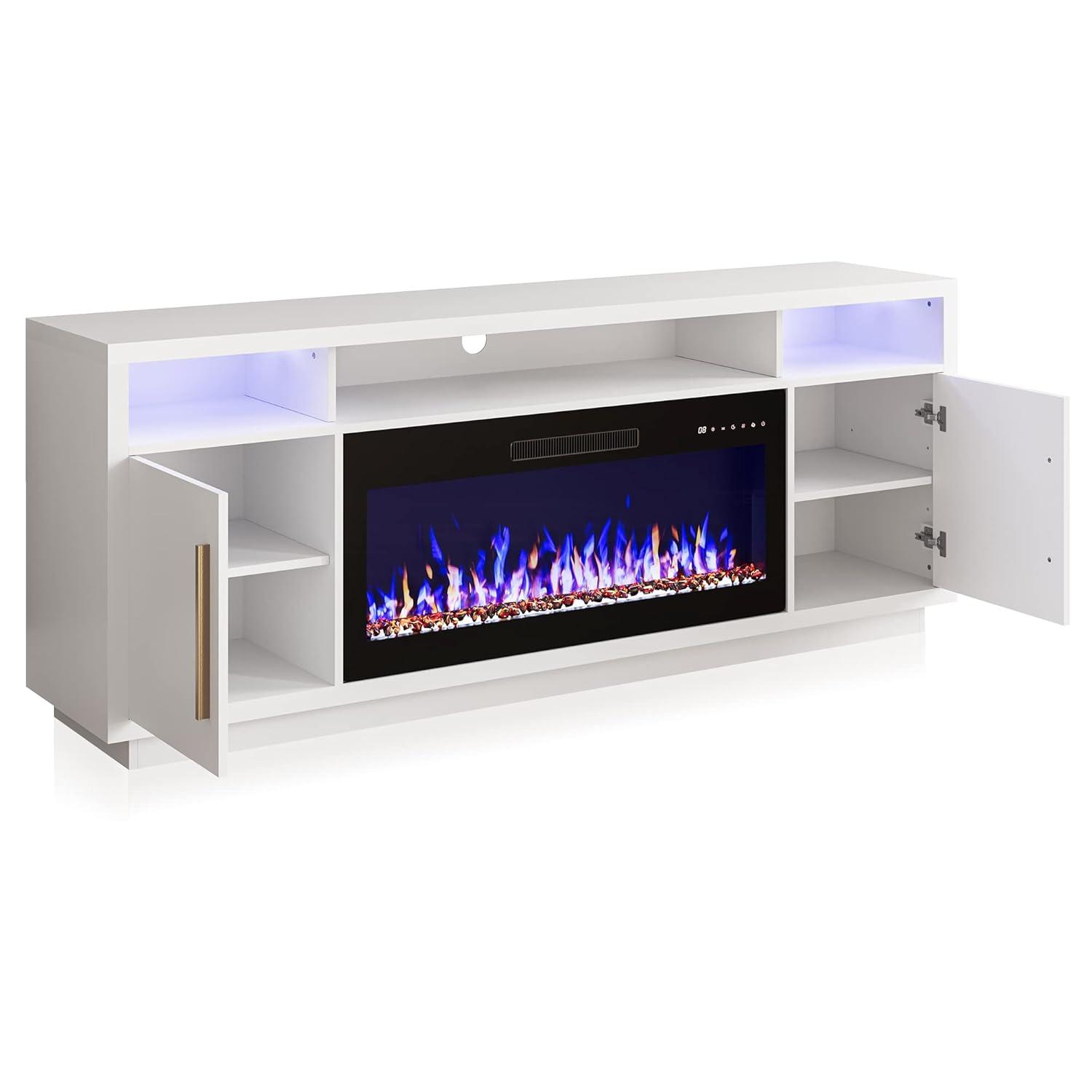 BELLEZE Soporte para Televisor con Chimenea para Televisores de hasta 75", Centro de Entretenimiento con Chimenea Eléctrica de 36", Iluminación Ambiental LED y Almacenamiento, Mesa Consola Multimedia de 69 Pulgadas - Avenue (Blanco)