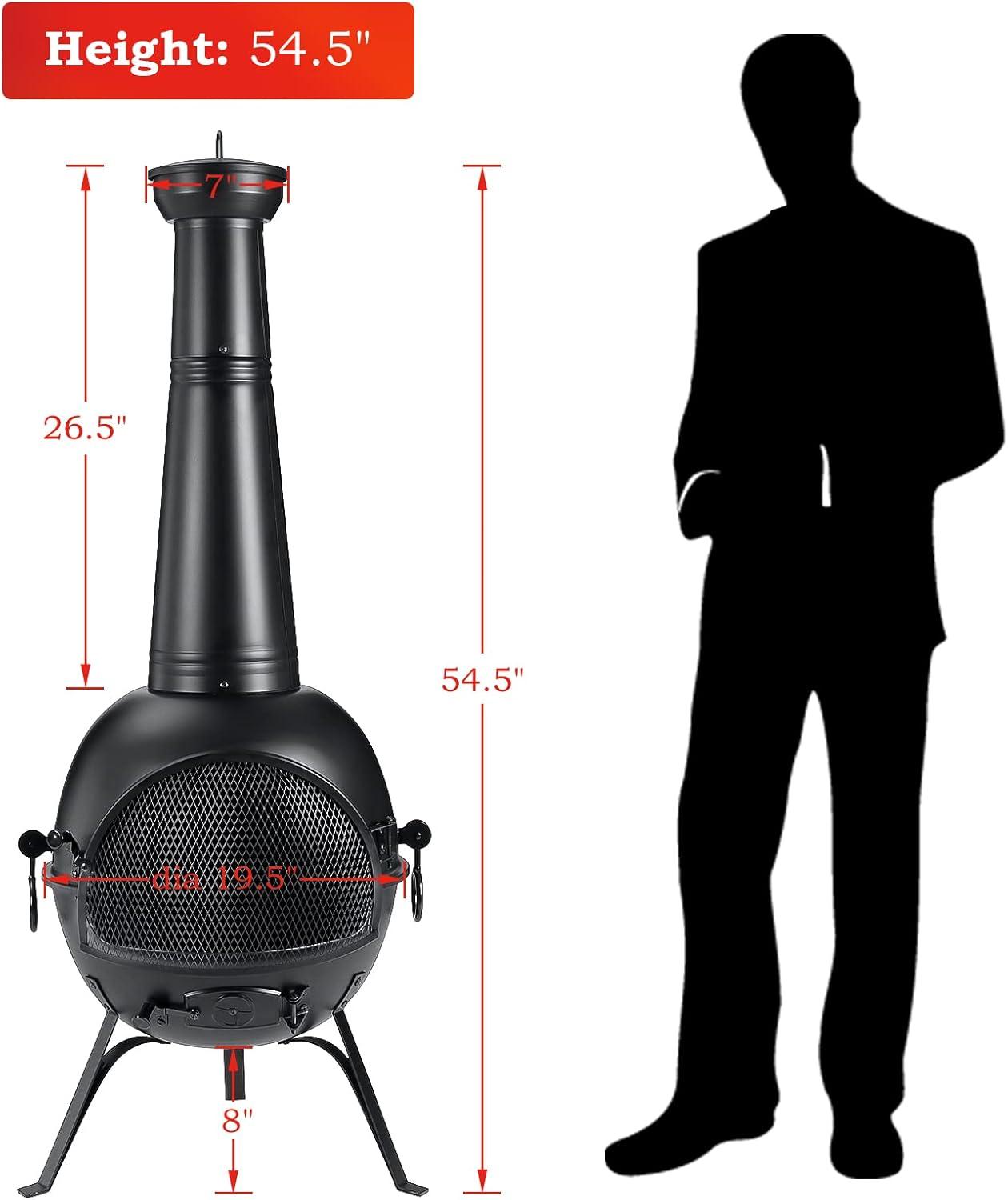 SINGLYFIRE 55 Inch High Fire Pit Fireplace with Chiminea Cover Rust-Free Iron Black