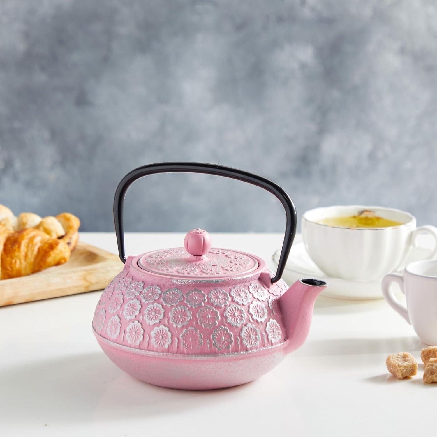 Juvale Green Cast Iron Floral Teapot Kettle with Stainless Steel Infuser Set, Japanese Tea Pot for Kitchen Pantry, 34 oz