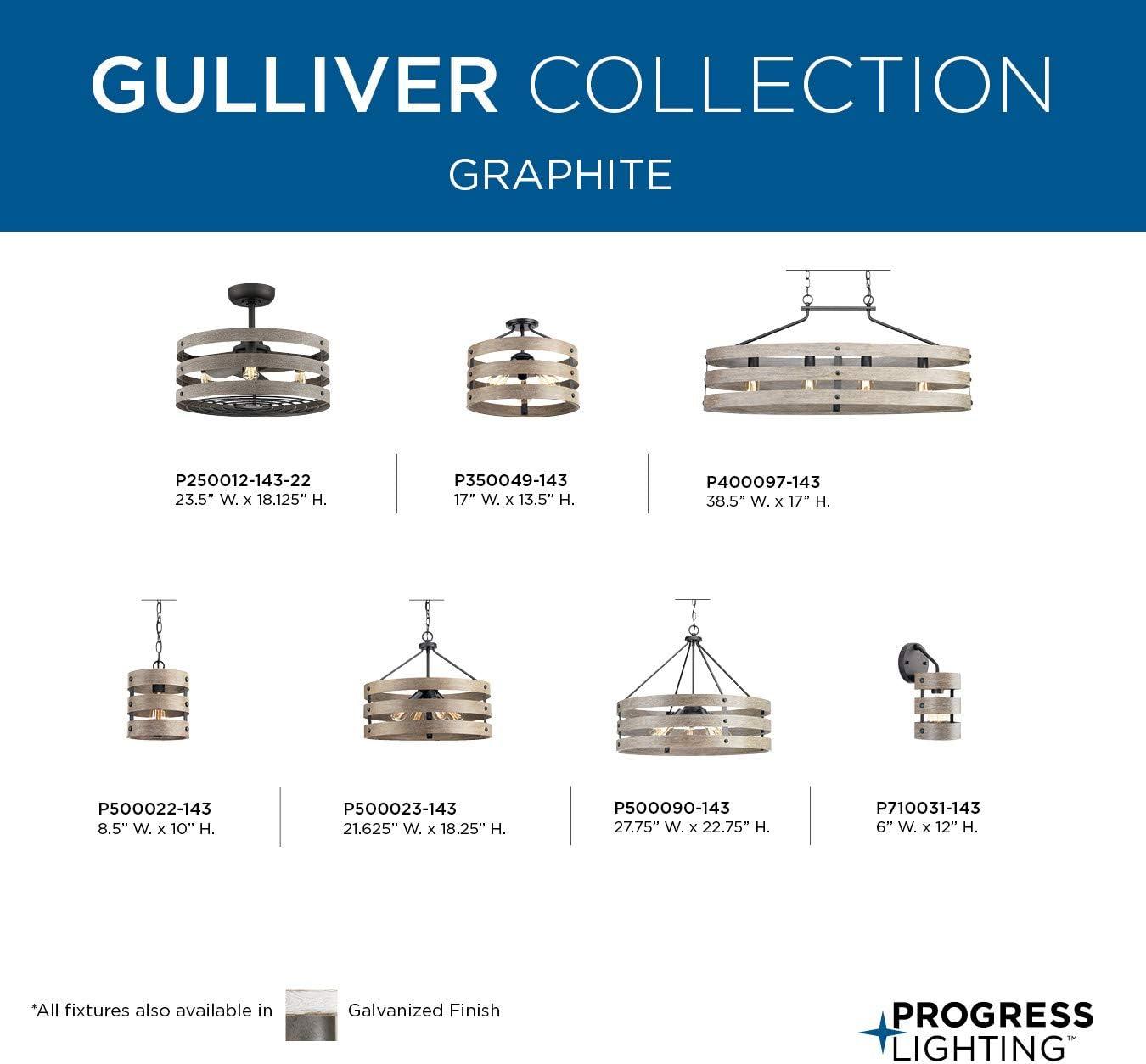 Progress Lighting Gulliver 3-Light Semi-Flush Convertible Ceiling Light, Graphite, Wood Grained Texture