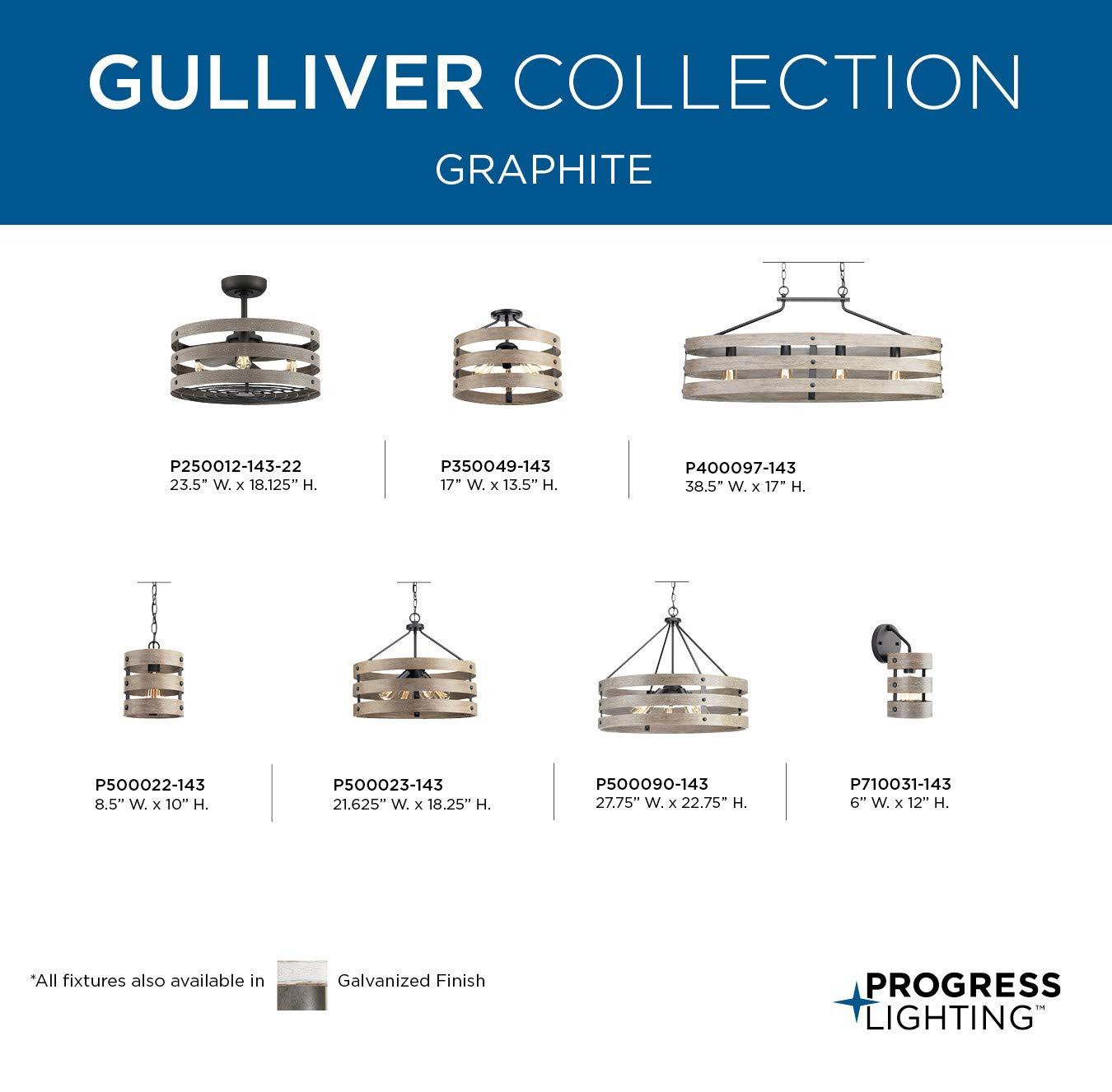 Progress Lighting Gulliver 3-Light Semi-Flush Convertible Ceiling Light, Graphite, Wood Grained Texture
