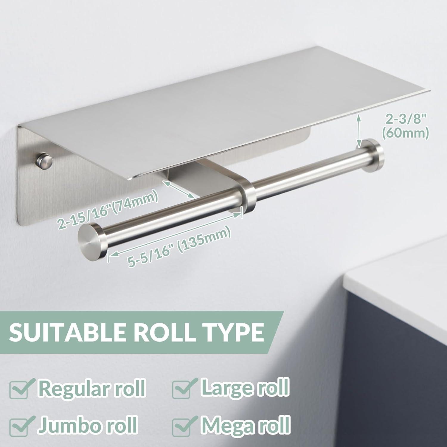 Toilet Paper Holder with Shelf Brushed Nickel Double Head Toilet Tissue Roll Holder 304 Stainless Steel Wall Mount for Bathroom