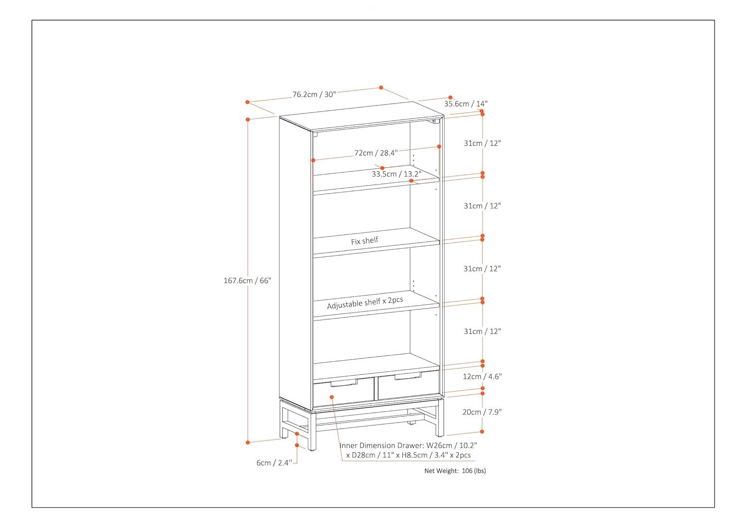 Banting 30"W Solid Wood 4 Shelf Industrial Bookcase with 2 Drawers, Adjustable Shelves, and Metal Base