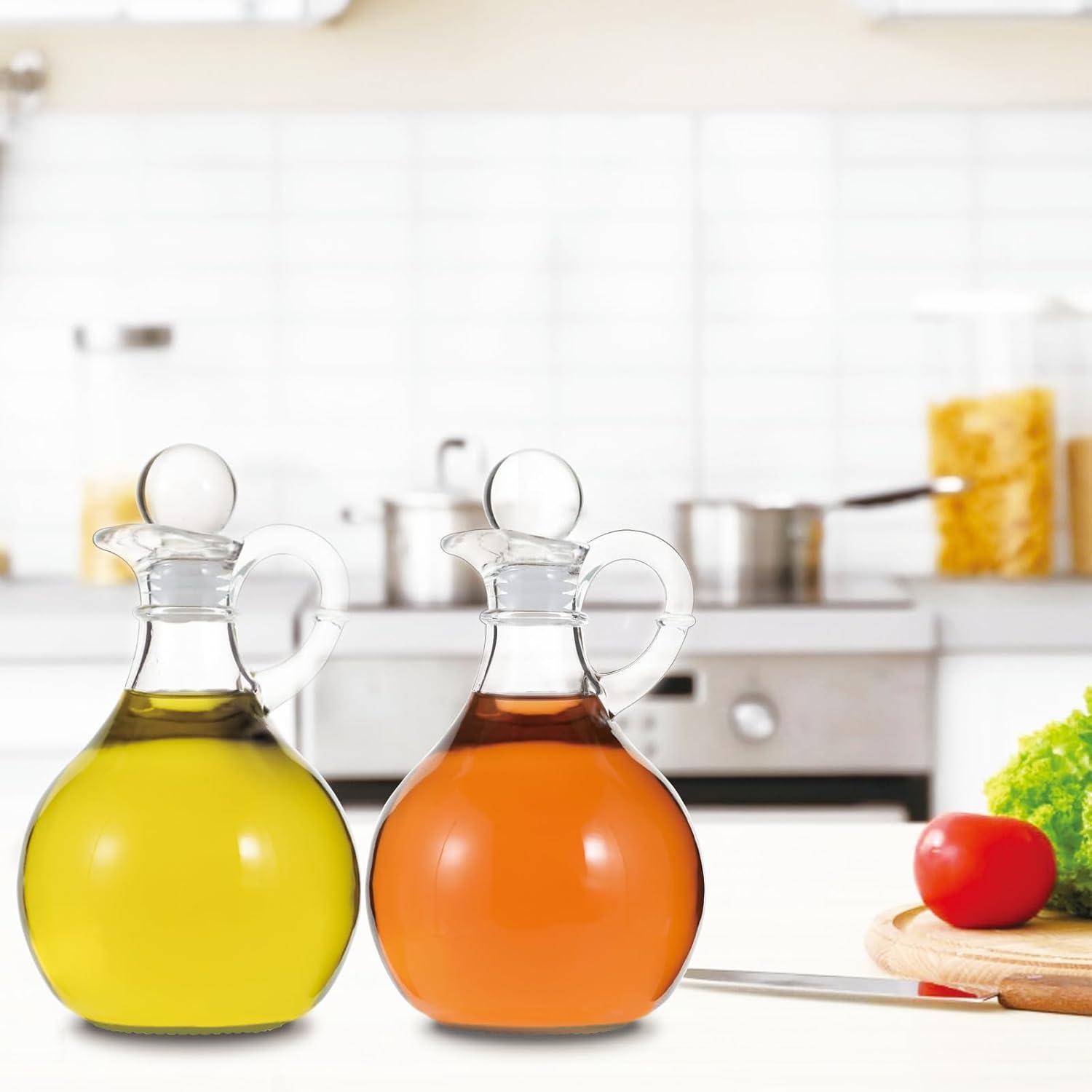 Cornucopia Brands 8oz Glass Oil and Vinegar Cruets (Set of 2); Round Oil Dispensers / Salad Dressing Bottles w/ Stoppers