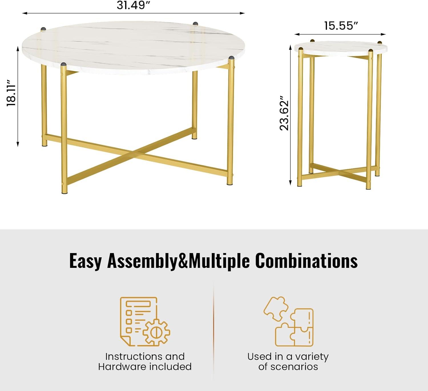 Modern White Faux Marble and Gold 3-Piece Coffee Table Set