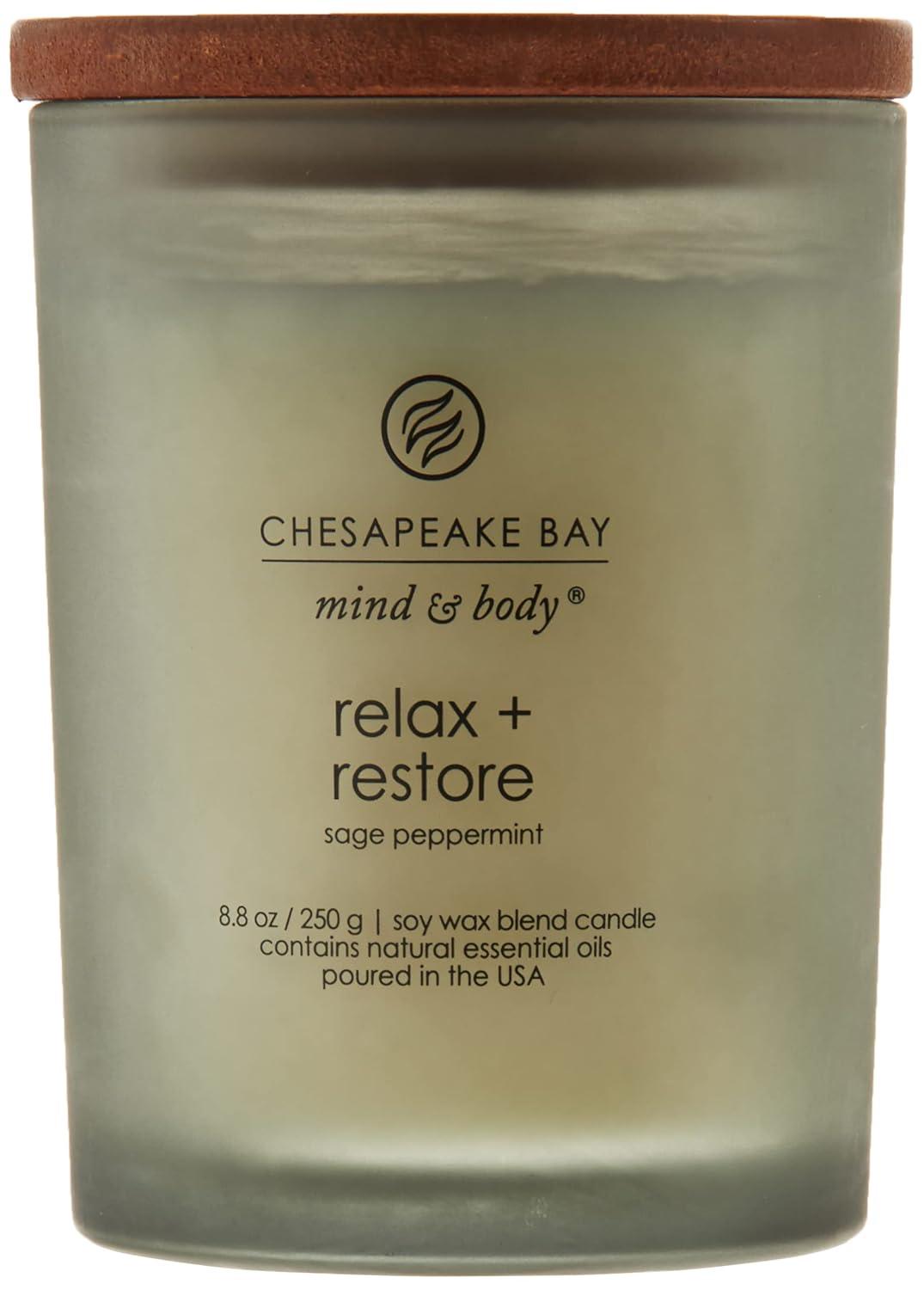Frosted Glass Relax + Restore Lidded Jar Candle Light Gray 8.8oz - Mind & Body by Chesapeake Bay Candle: Herbal Sage, Sweet Mandarin