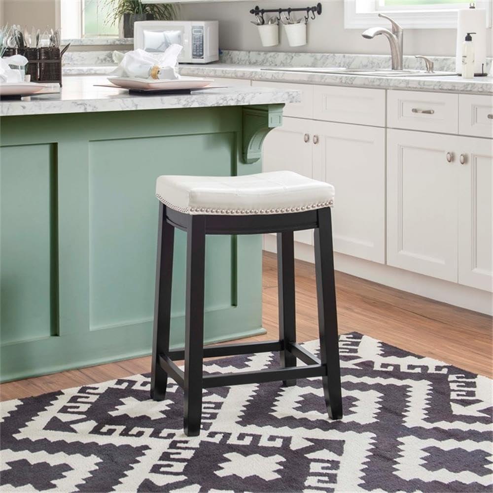 Linon Claridge Backless Counter Stool White Faux Leather Wood Frame in Black