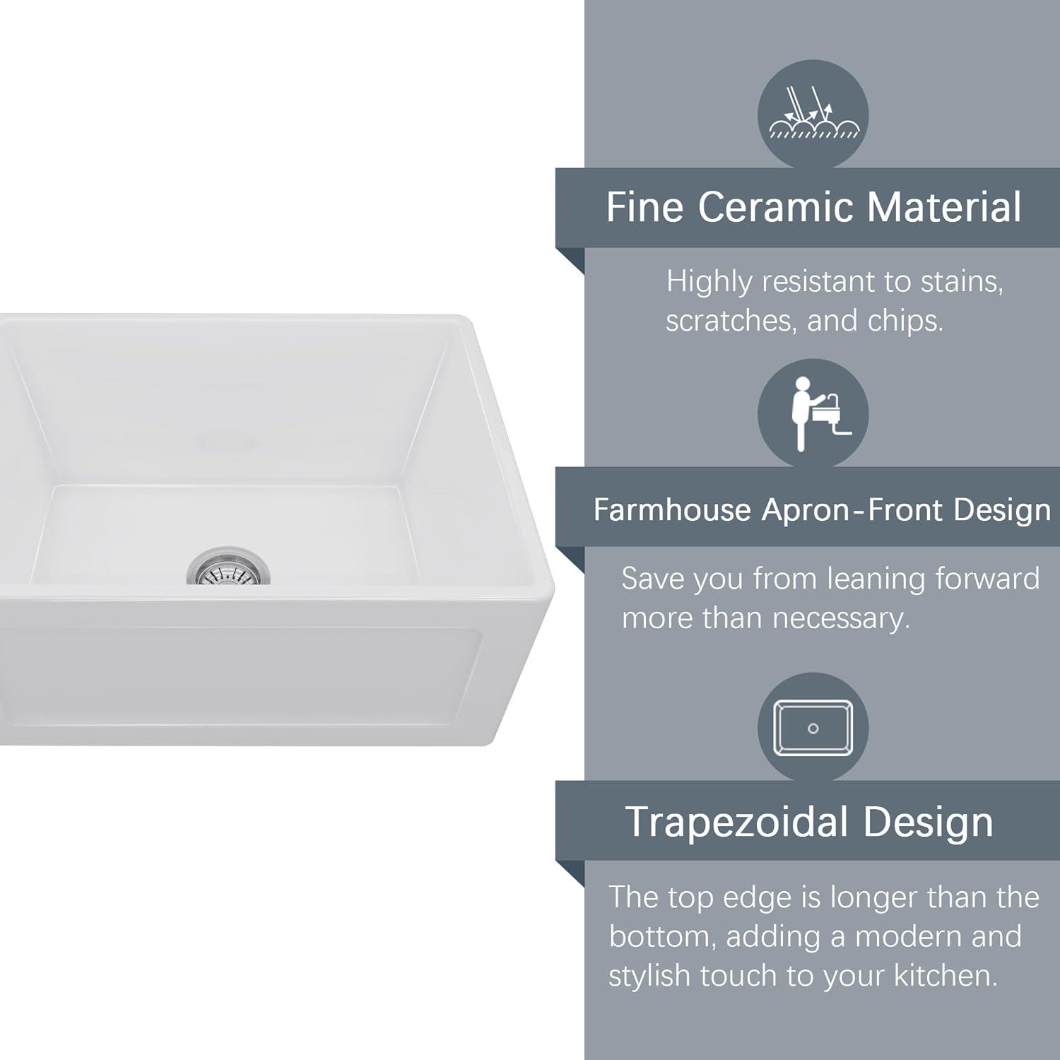 24 Inch Farmhouse Sink , White Farm Sink for Small Kitchen and Laundry, Luxury Fireclay Porcelain Ceramic Apron Sink Single Basin with Bottom Grid and Strainer