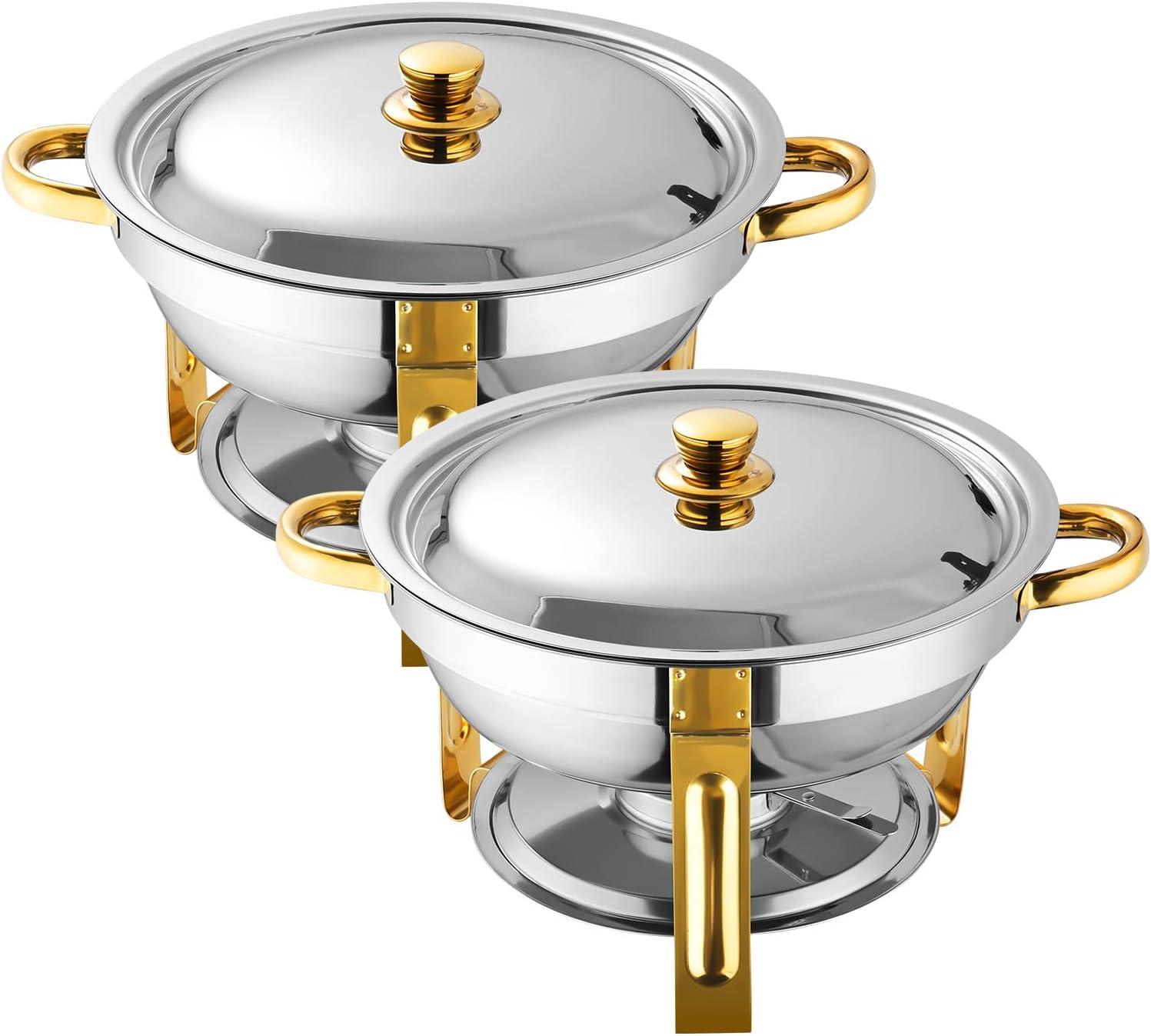 WhizMax Chafing Dish Buffet Set 2 Pack 5QT, Stainless Steel Round Chafing Dishes for Buffet with Lid Holder & Glass Lid, Gold