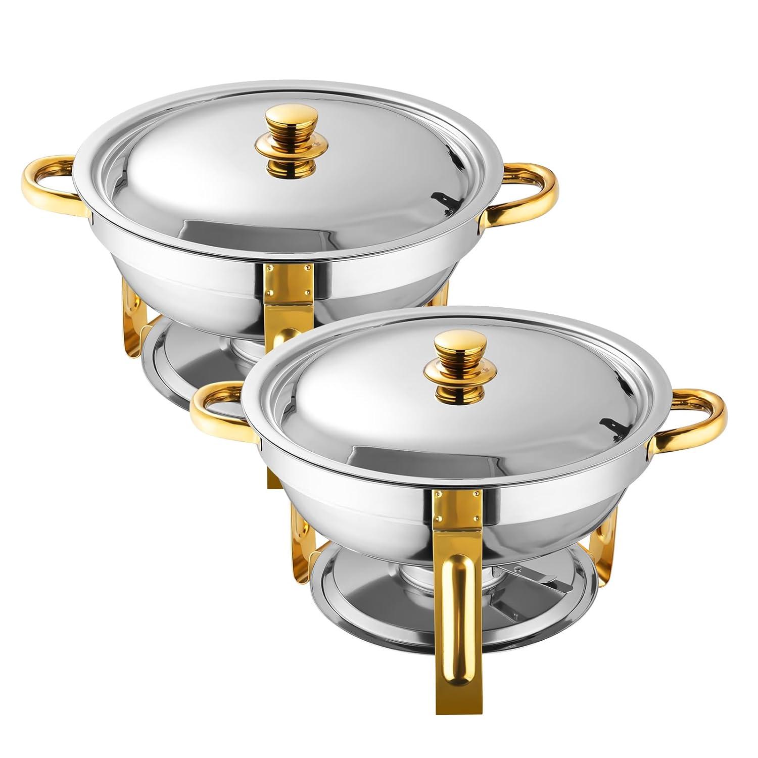 WhizMax Chafing Dish Buffet Set 2 Pack 5QT, Stainless Steel Round Chafing Dishes for Buffet with Lid Holder & Glass Lid, Gold