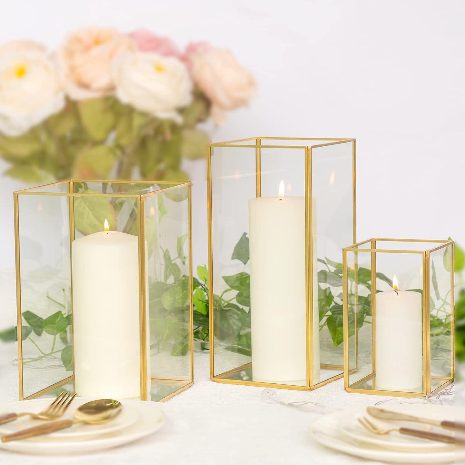 Gold Glass Hurricane Candle Holder Set of 3